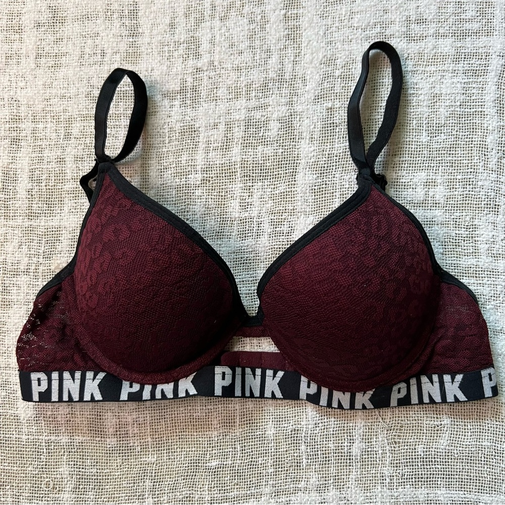 PINK Victoria's Secret Maroon Red Push Up Bra Size 32B